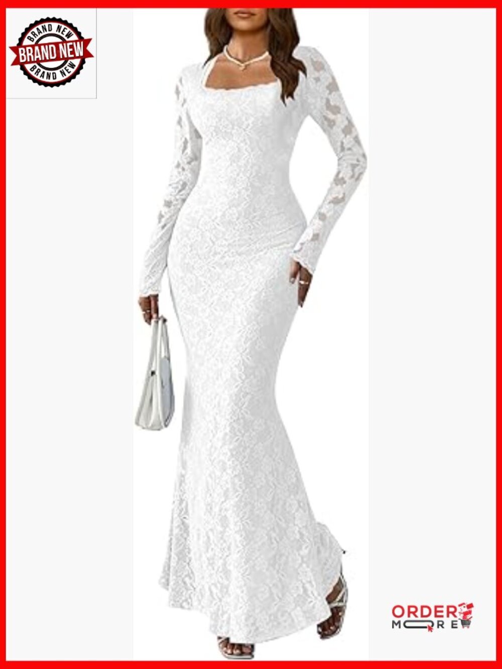 Elegant Square Neck Bodycon Maxi Dress Long Sleeve Lace Sheath Dress